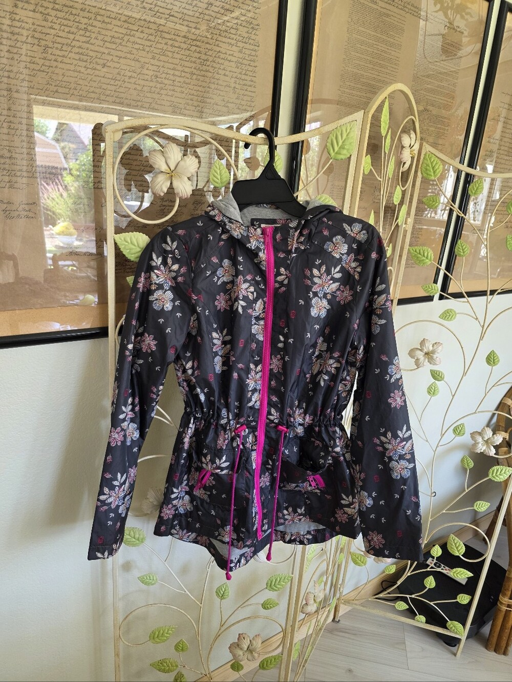 Floral Hooded Rain Jacket with Pink Trim